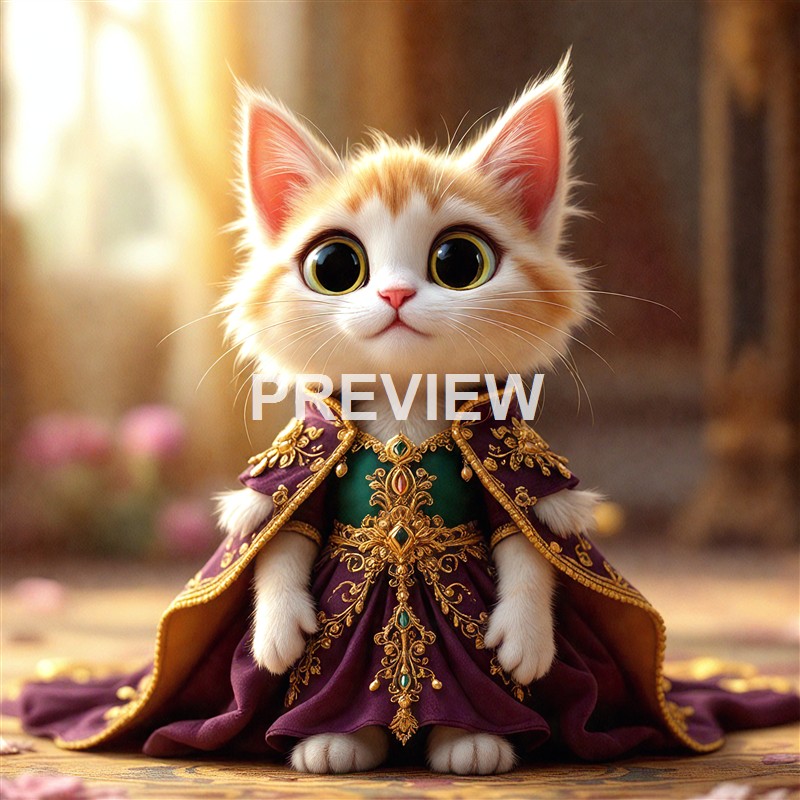 An adorable orange and white kitten with large, expressive eyes, dressed in an ornate, royal-looking purple and gold gown, standing on a decorative surface with a blurred background.